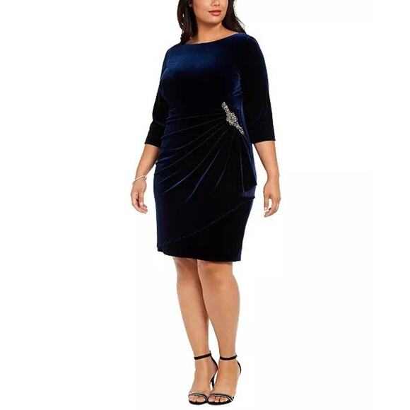 ALEX EVENINGS Plus Size Ruched Velvet Dress Blue Stones Size 16 A000149 - Picture 2 of 12
